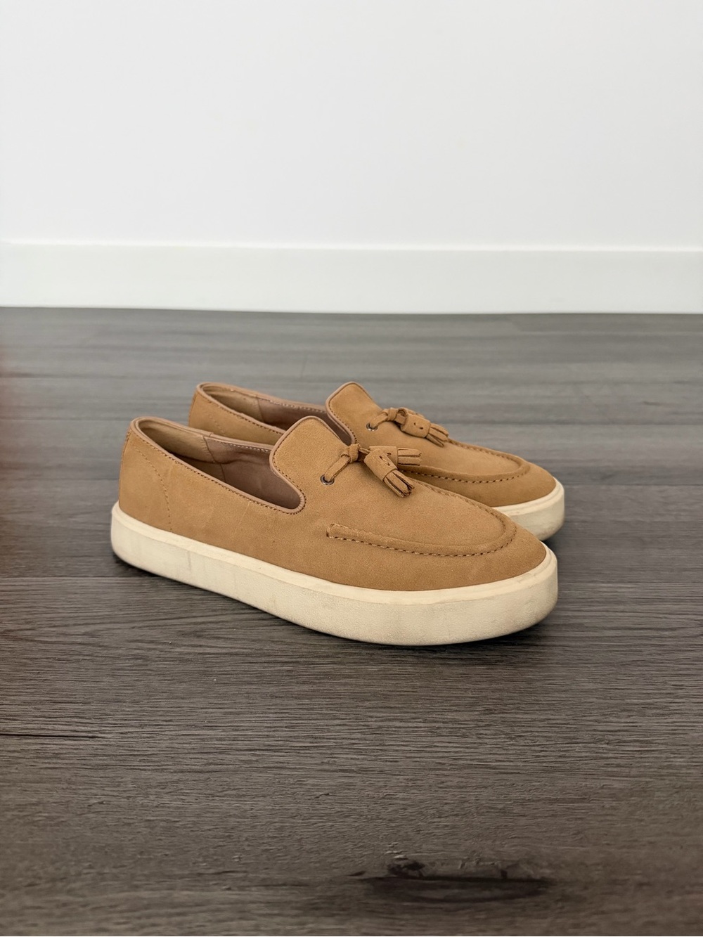 Zara Tan Suede Tassel Slip-On Loafers with White Sole